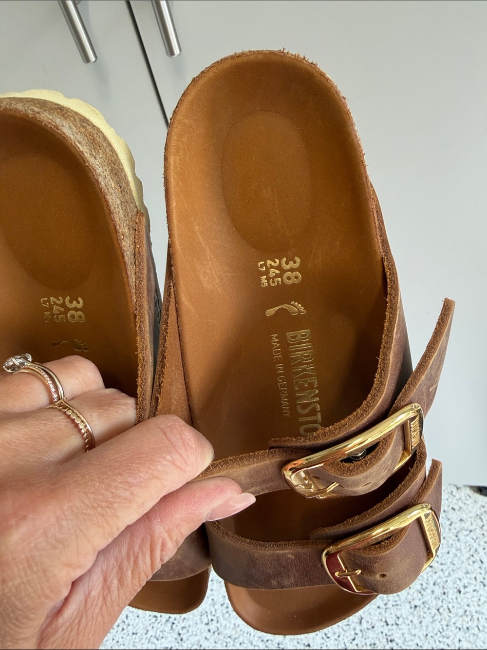 Birkenstock Brown Leather Sandals with Gold Buckles - Picture 2 of 4